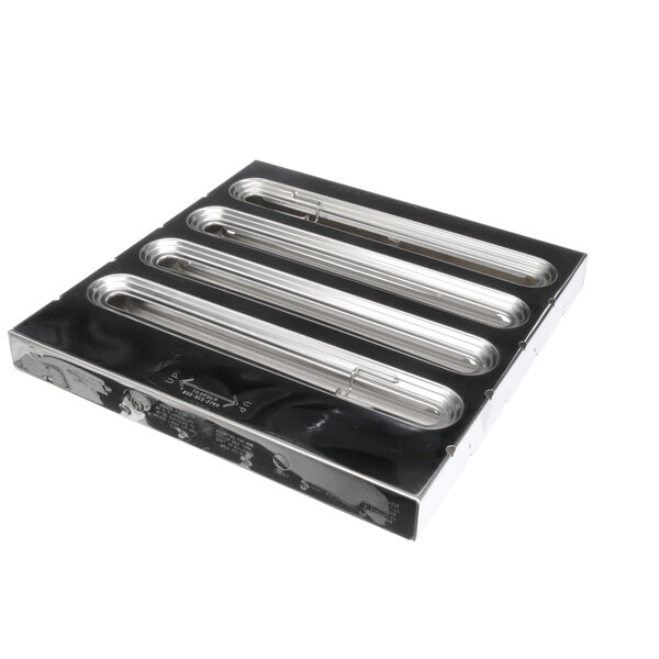 A black and silver rectangular Kason grease filter with metal tubes inside.