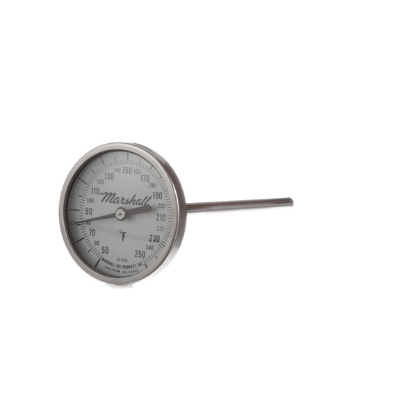A round metal BevLes thermometer.