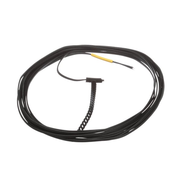 A black cable with a yellow and white wire and a black wire with a yellow end.