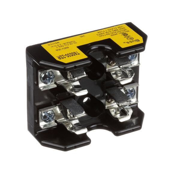 A black and yellow Hatco fuse block with two yellow wires.