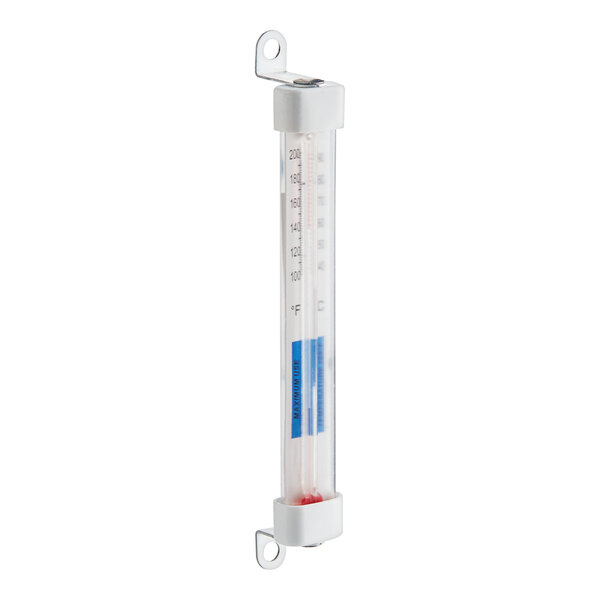 A close-up of a white Hatco thermometer with a blue and red scale.