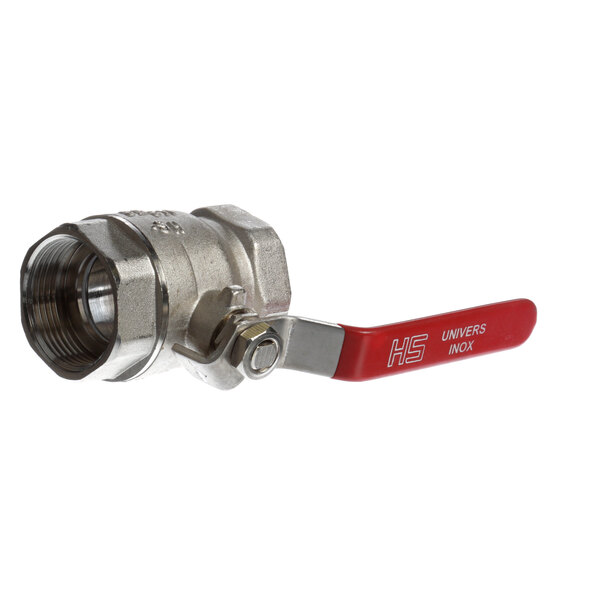 A close-up of a stainless steel Meiko ball valve with a red handle.