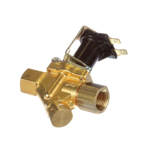 A close-up of a brass Moyer Diebel valve with a gold connector and handle.