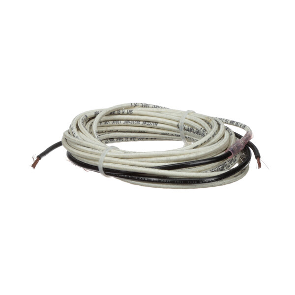 A coiled white cable with black and white electrical wires.