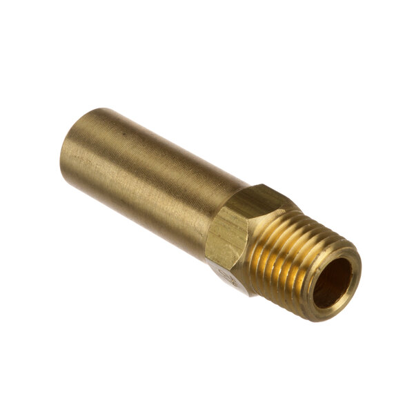 A brass threaded pipe fitting with a gold nut.