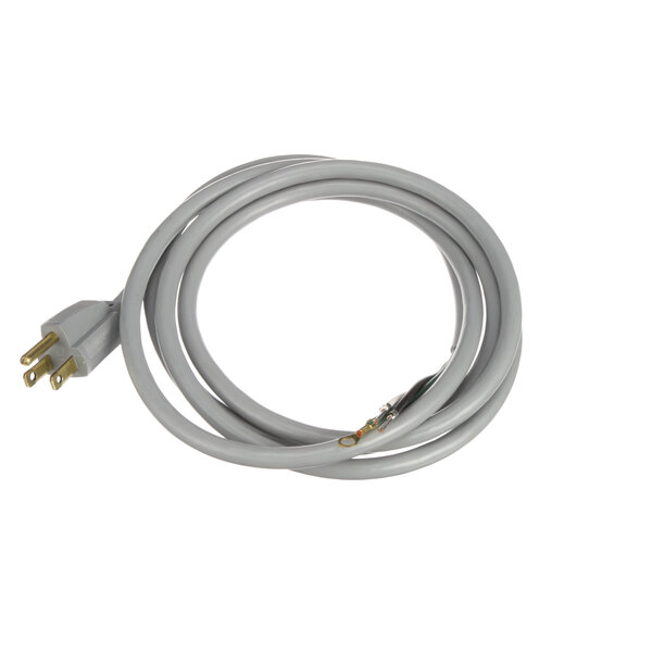 A grey cable with a gold plug on it.