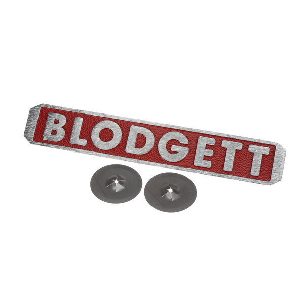 A white sign with the word "Blodgett" in red letters.