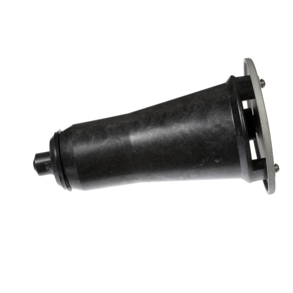 A black plastic tube with a round metal base.