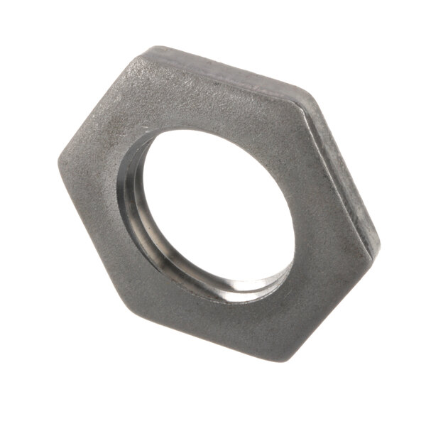 A close-up of a hexagon shaped stainless steel locknut.