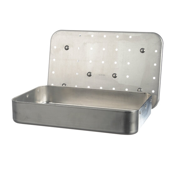 A metal box with holes in it, with a stainless steel cover.
