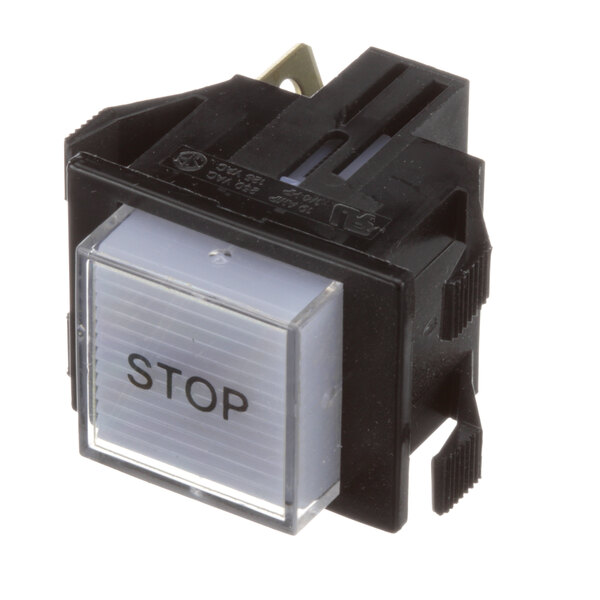 A close-up of a black and white switch with a white stop button.