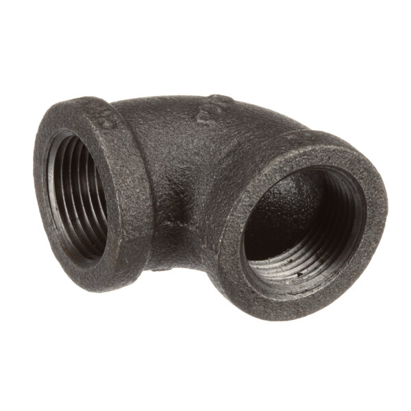 A black metal Champion elbow pipe fitting with two nuts.