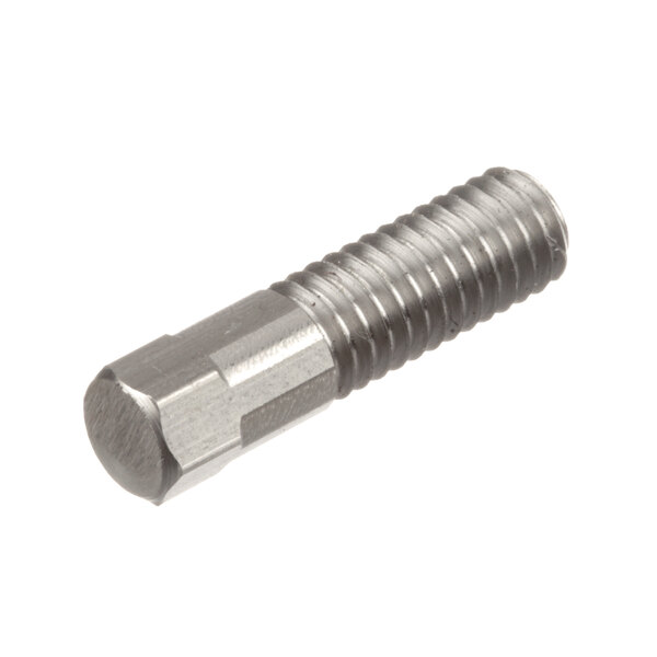 A stainless steel screw with a white background.