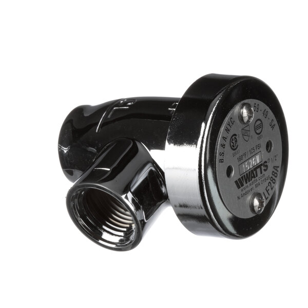 A black plastic Blakeslee vacuum breaker with a threaded end.