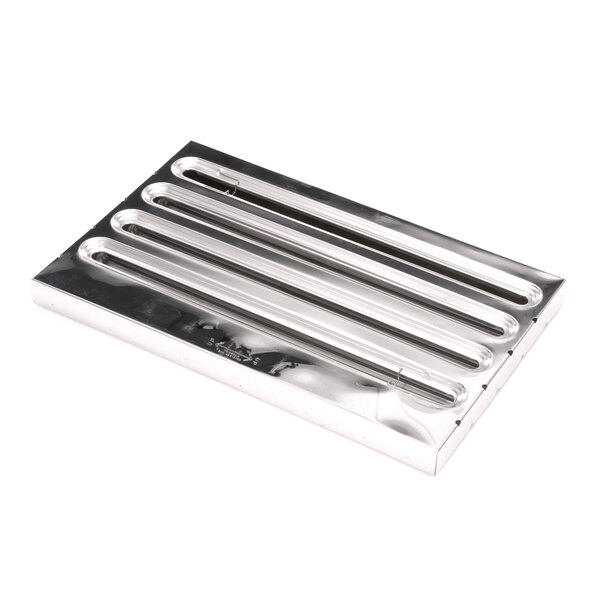 A silver rectangular Kason stainless steel hood filter with several tubes.