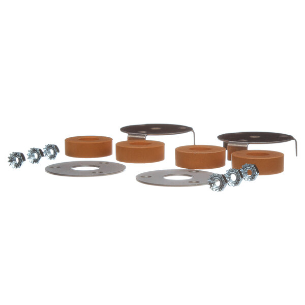 A group of round metal and brown rubber Antunes bearing and retainer parts.