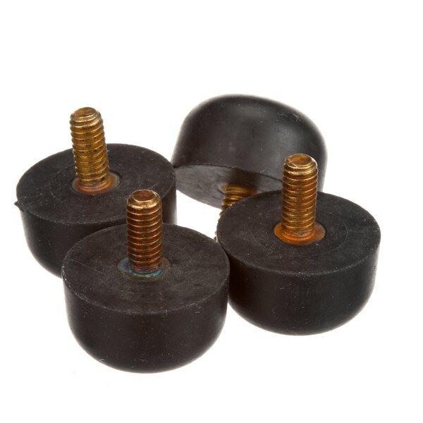 A close-up of three black rubber caps with screws on them.