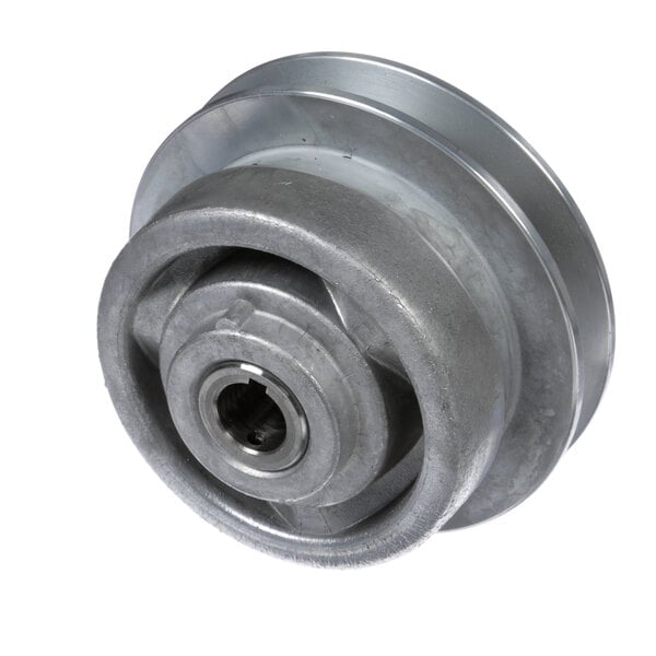 A Univex heavy duty metal pulley with a hole in the center.