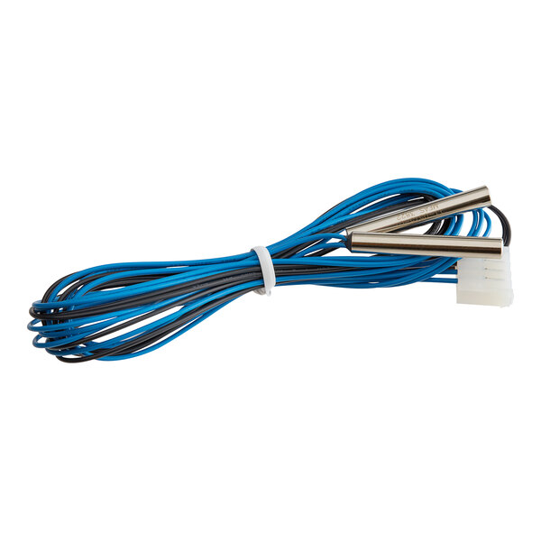 A blue and black wire with a black connector on a white background.