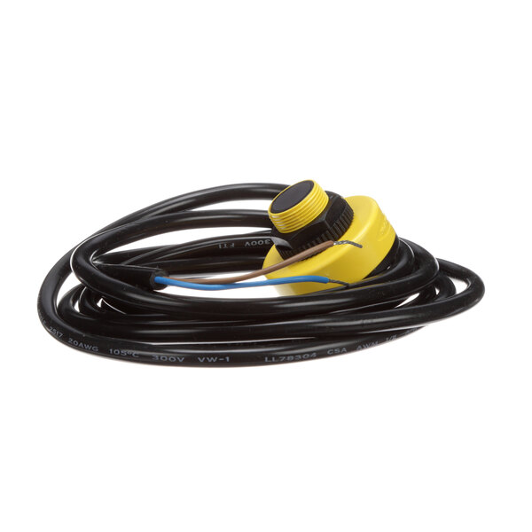 A black and yellow electrical cable with a yellow plug and switch.