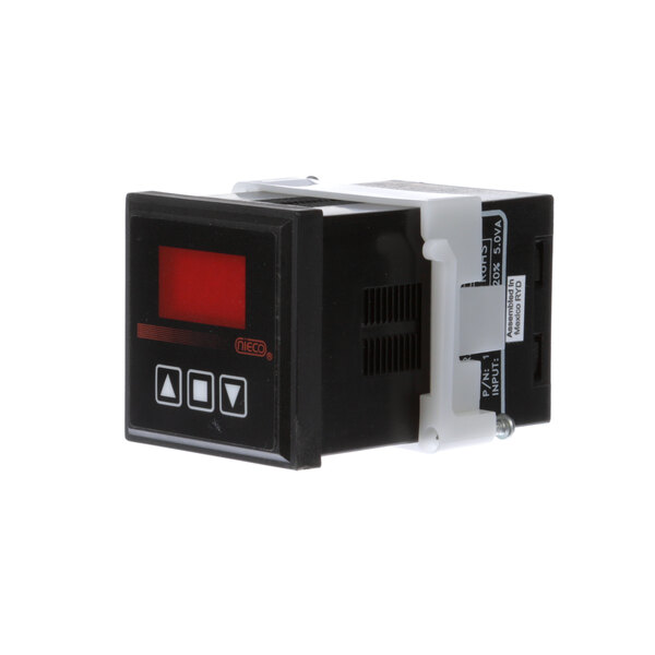 A black and white Nieco temperature controller with a red LED screen.