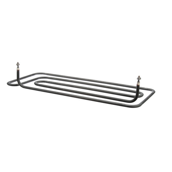 A black metal heating element with two long black rods.