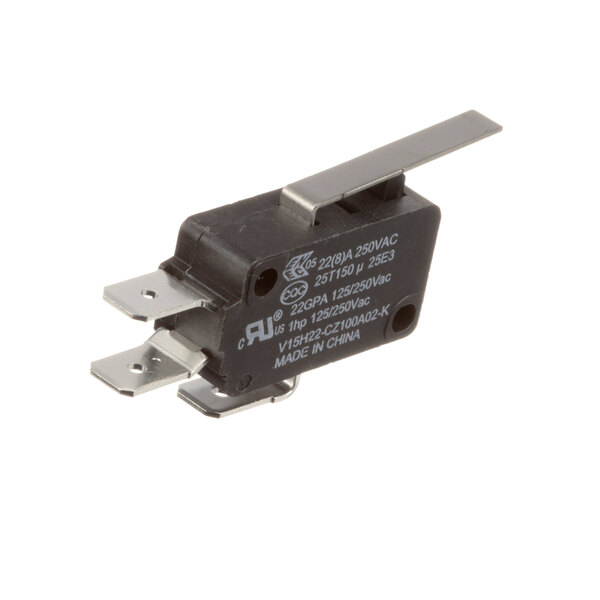 A close-up of a black and grey Merrychef microswitch with a short arm.