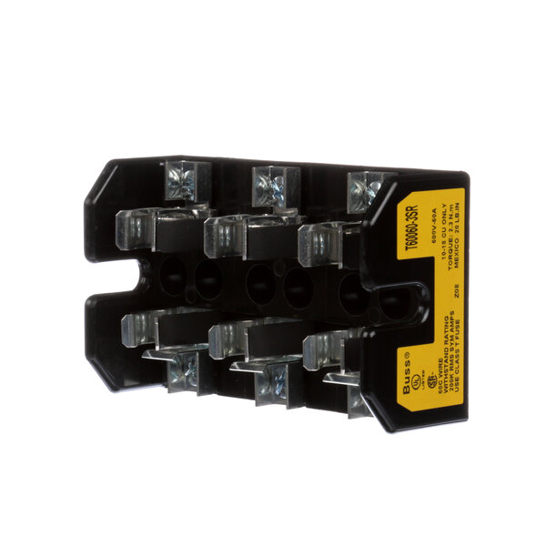 A black and yellow Hatco fuse block with three wires.