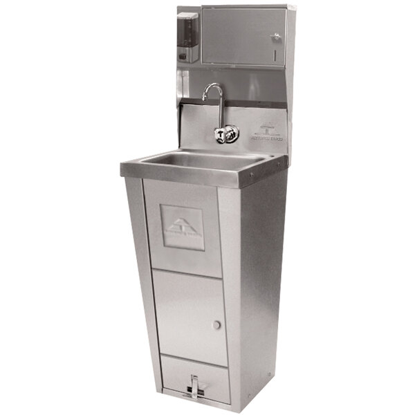 An Advance Tabco stainless steel hands free hand sink with pedestal base.