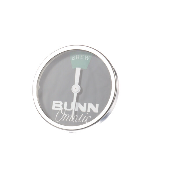A close-up of a Bunn temperature gauge with a white dial.