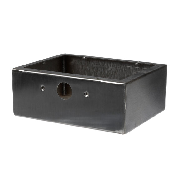 A black rectangular metal box with holes.