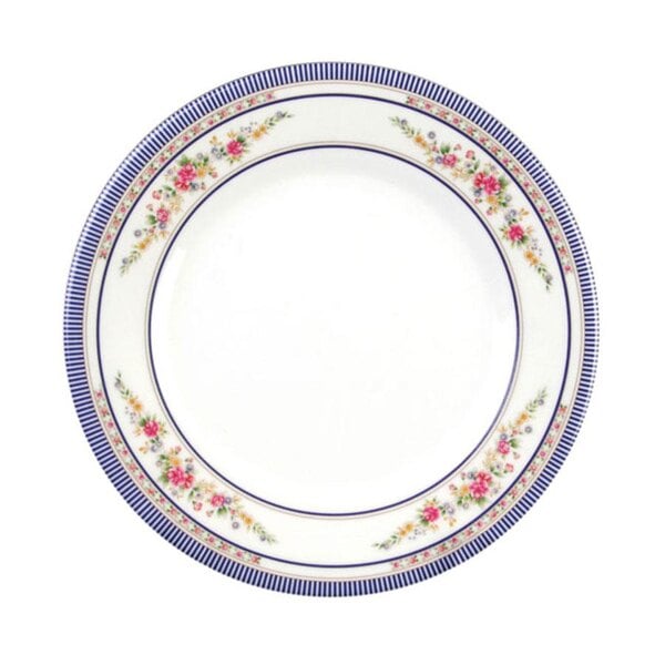 A white plate with blue and pink flowers.