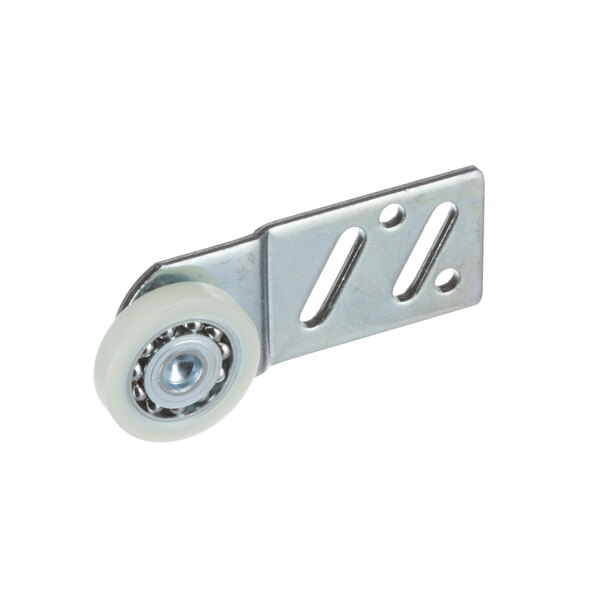 A Delfield front top mount bearing with a white metal roller and white wheel.