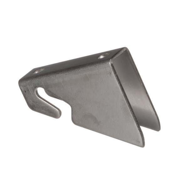 A Delfield metal hinge with holes on a white background.