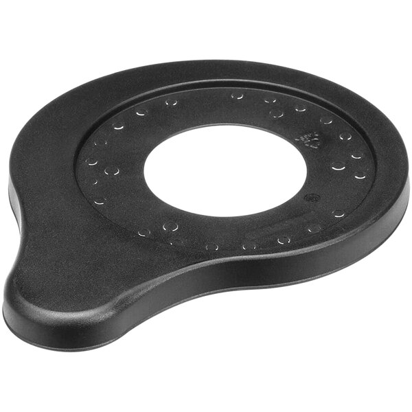 A black circular Rational premix chamber cover with holes in it.