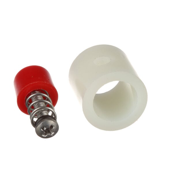 A white plastic screw with a red cap and a spring inside a white plastic tube.