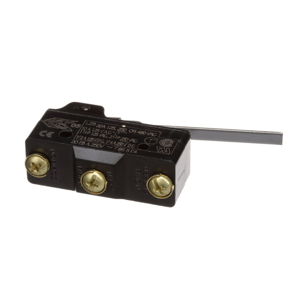 A black microswitch with gold screws.