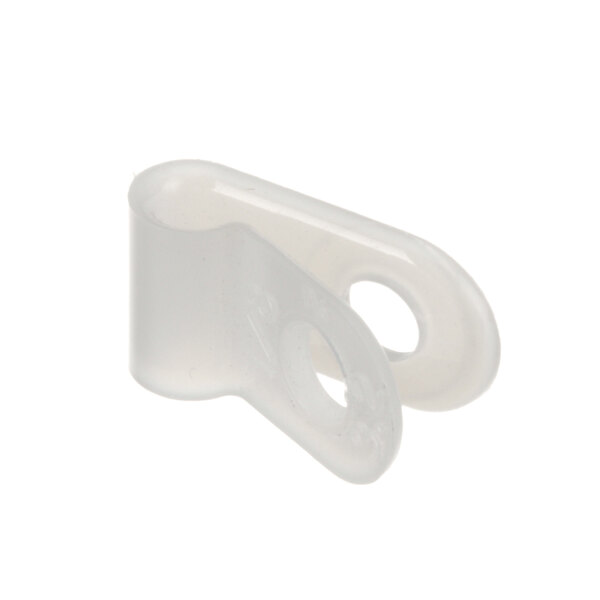 A close-up of a white BevLes plastic clip with holes.