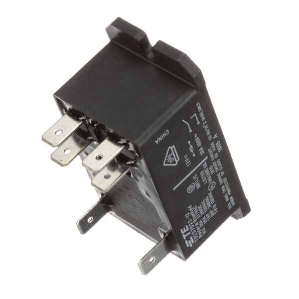 A black Frymaster relay with metal connectors.