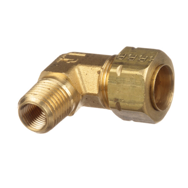 A gold-colored Cleveland brass threaded pipe fitting with a 90 degree elbow.