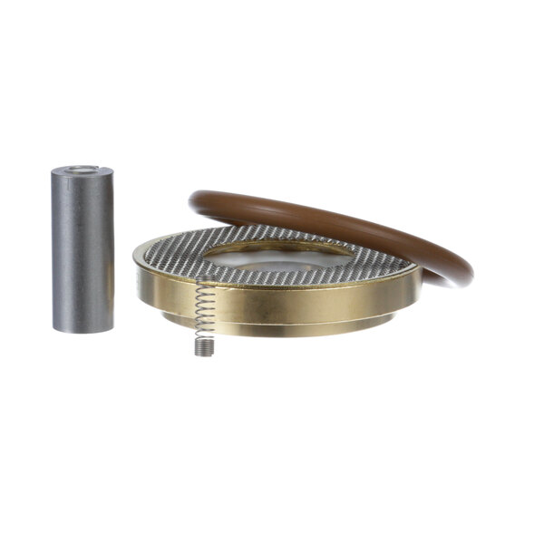 A Champion dishwasher repair kit with a brass and gold metal object and spring.