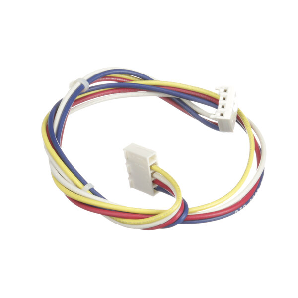 A close-up of a white and yellow Scotsman wire harness with several colored wires.