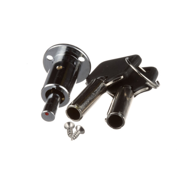 Two Delfield Newstyle black metal locks with screws and nuts.