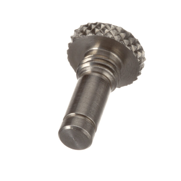 A close-up of a Scotsman stainless steel shoulder screw with a round head and metal threads.
