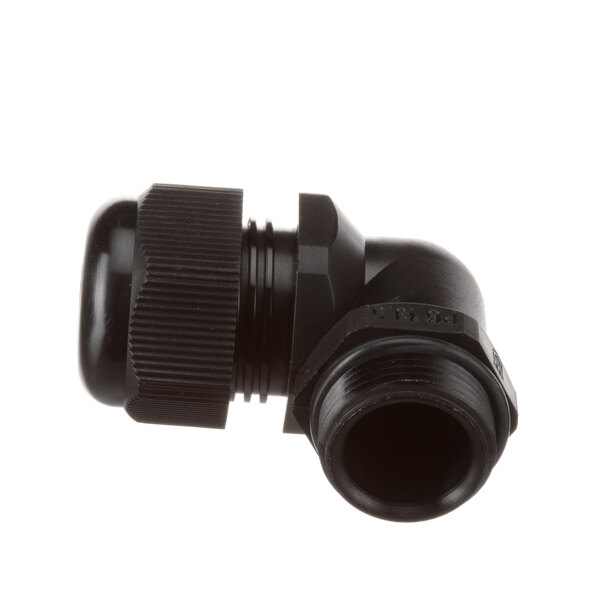 A black plastic pipe fitting with a black cap.