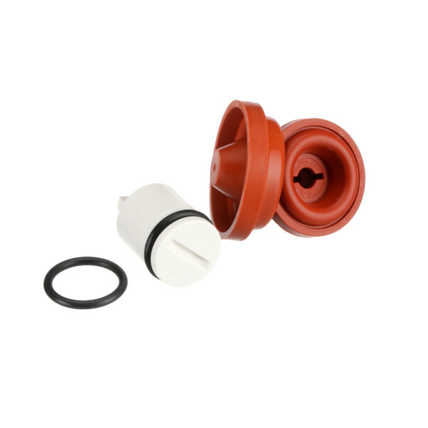 A white cylinder with black rings, a red and white gasket, and a red and white valve rebuild kit.
