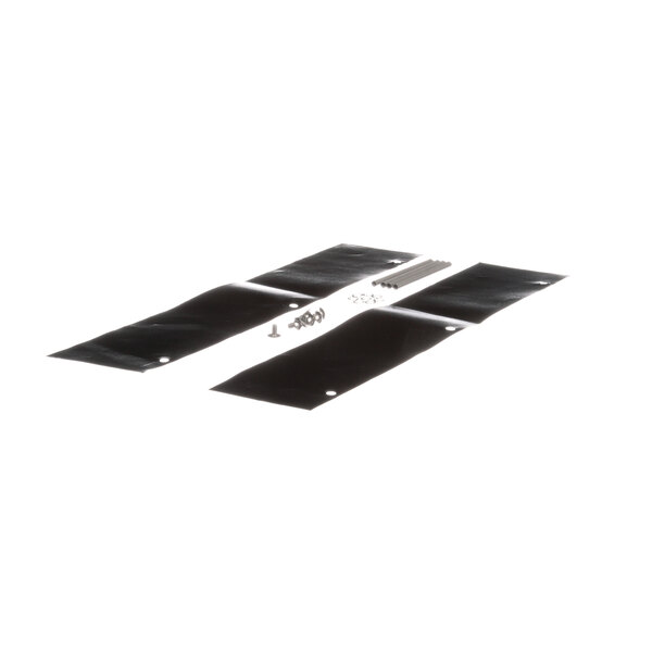 A pair of black plastic rectangular strips with white screws.