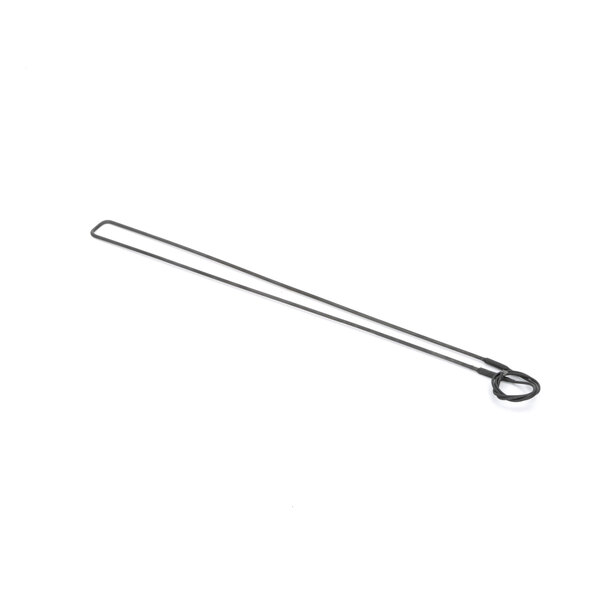 A black wire attached to a pair of metal rods on a white background.