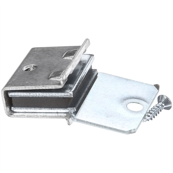 A close-up of a Bakers Pride metal magnetic latch assembly.