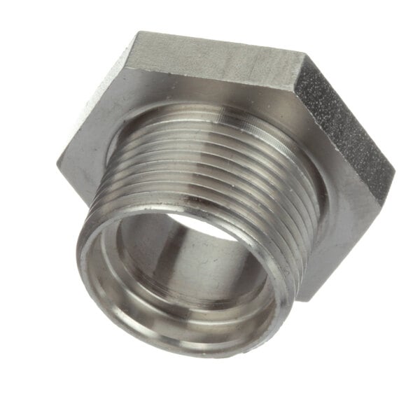 A close-up of a stainless steel threaded nut.